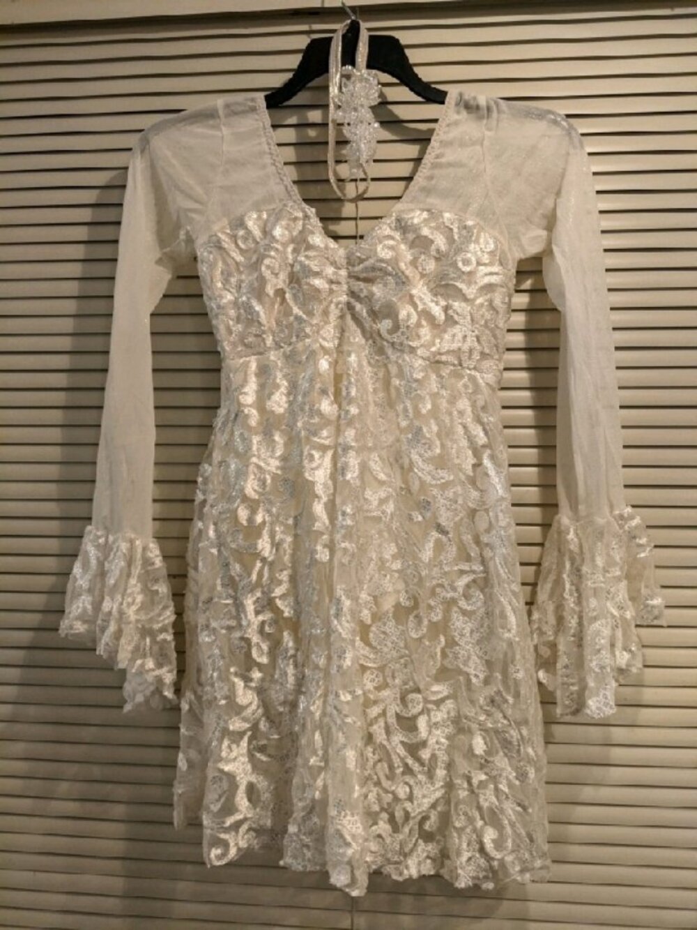 White leotard with White Lace Bell Sleeve overlay-A Wish Come True-Large Adult